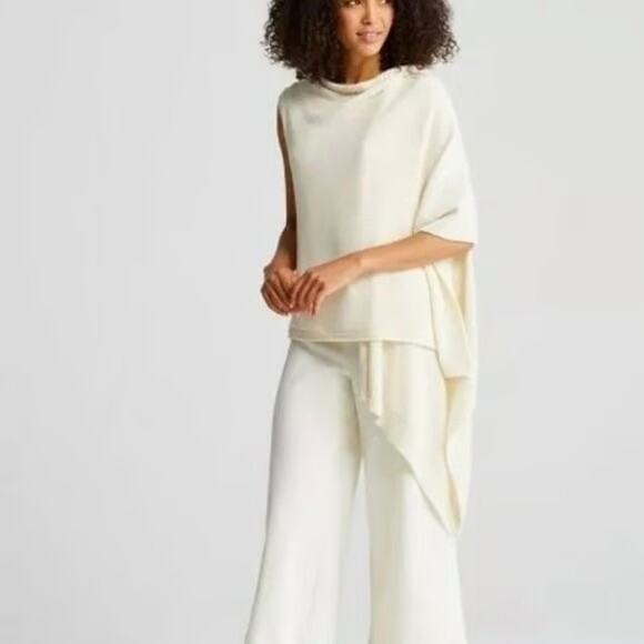 Eileen Fisher Sweater Womens L/XL Ivory Knit Open Front Drape Wrap Poncho Vest - Picture 1 of 7